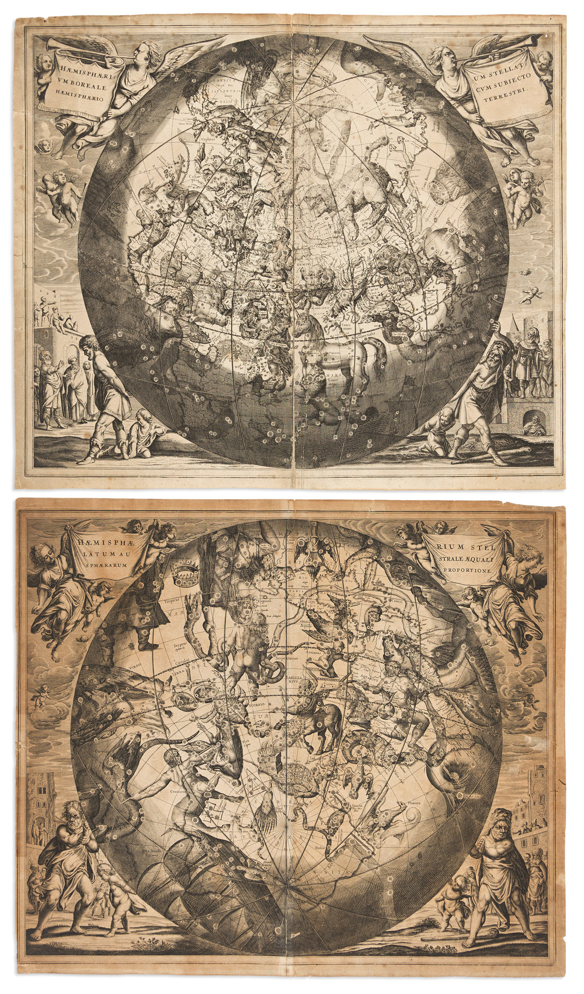 (CELESTIAL.) Andreas Cellarius. 2 double-page engraved celestial charts from Harmonia Macrocosmica.